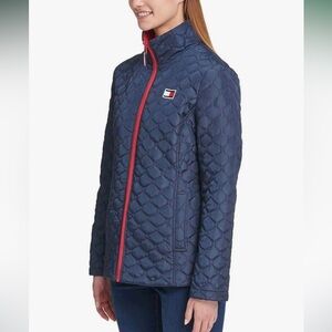 Tommy Hilfiger High Neck Full Zip Navy Quilted Jacket w Red Accents. Size M